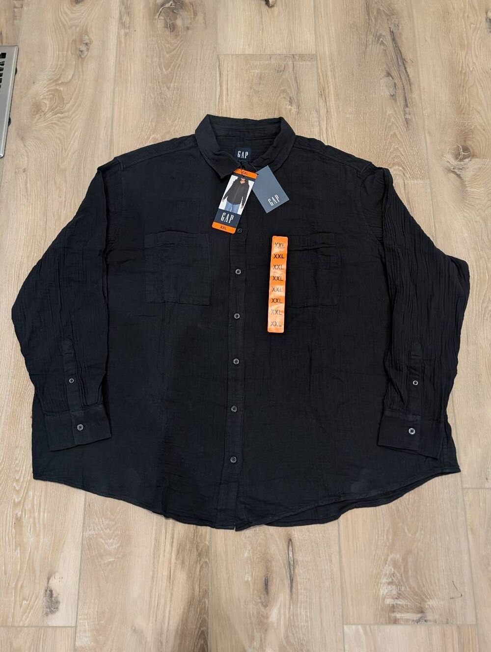 GAP Crinkle Gauze Cotton Black Button Down Long Sleeve XXL BNWT Coastal Relaxed